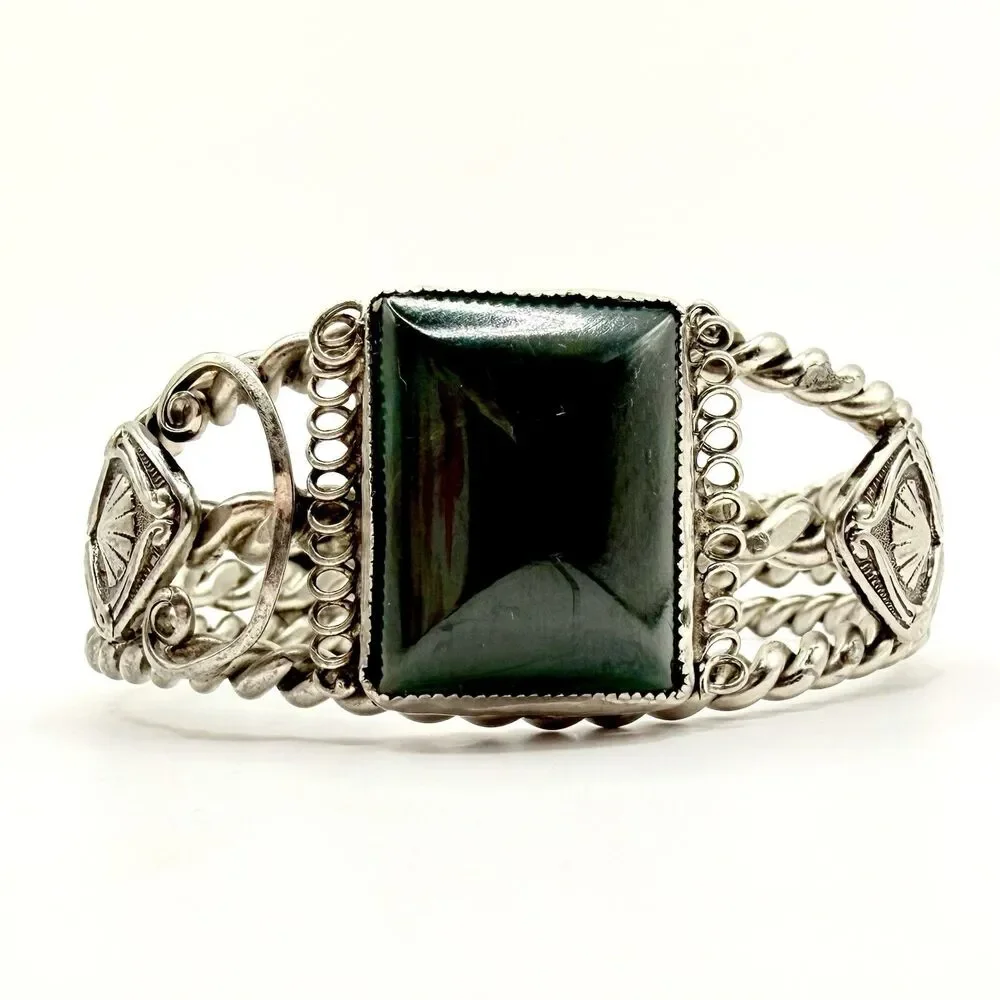Vintage Marbleized Green Bakelite Filigree Cuff Artisan Bracelet Silver Tone